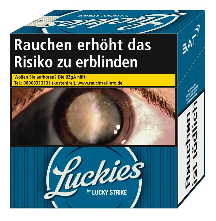 Luckies Crafted Blue Hercules Zigaretten in der blauen 58-Stück-Packung mit Warnhinweis und Lucky Strike Markenschriftzug.