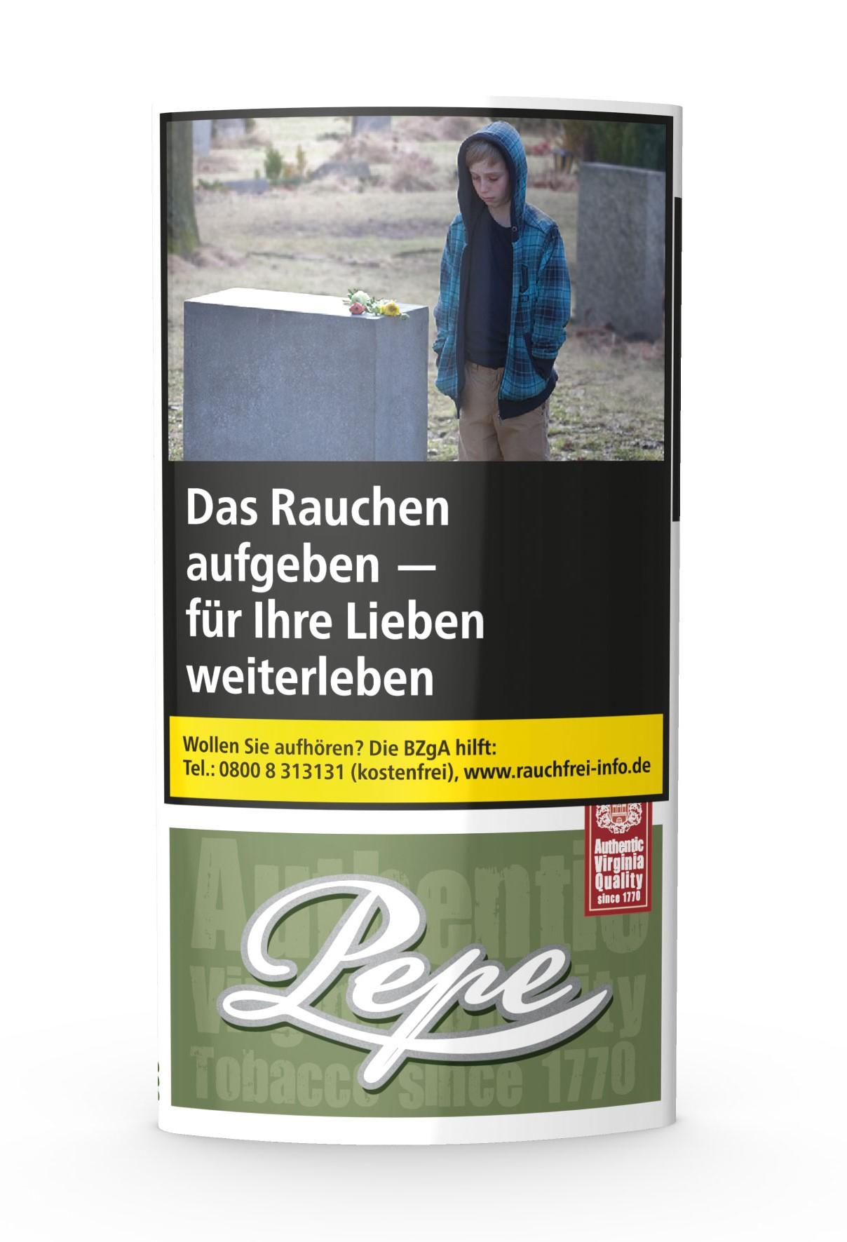 30-Gramm-Packung Pepe Rich Green Zigarettentabak von Pepe, in weißer Verpackung mit schwarz-grünem Etikett und einem Foto eines jungen Mannes in karierter Jacke.