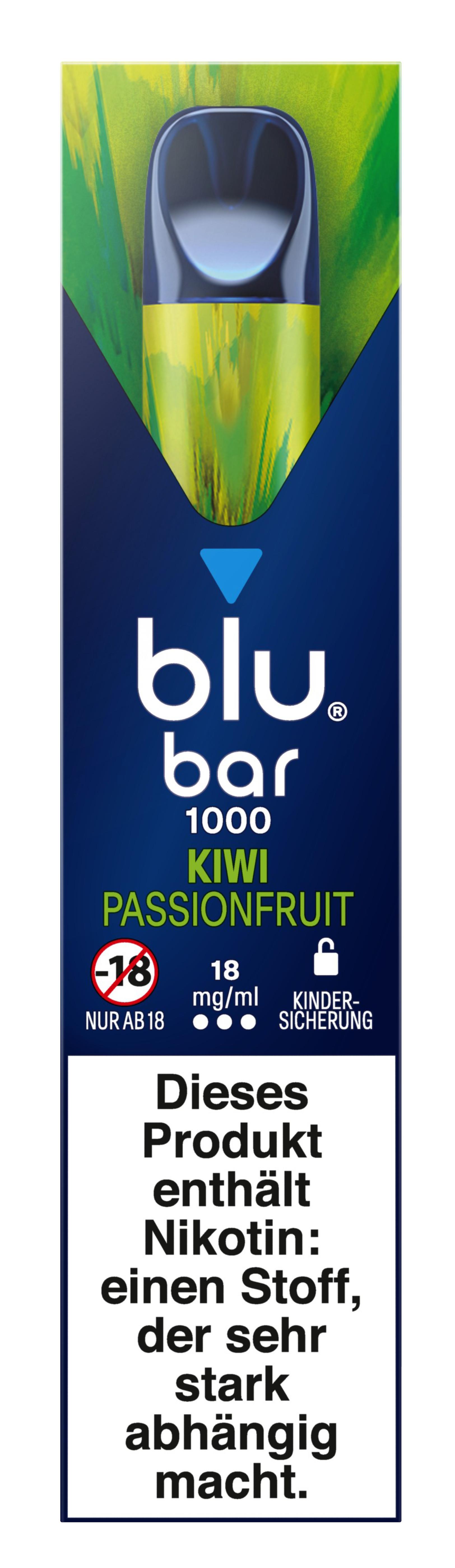Blaue Verpackung der blu bar 1000 Einweg-E-Zigarette von blu mit 18 mg Nikotin, gekennzeichnet mit Warnhinweisen und Kindersicherung, 1 Stück.