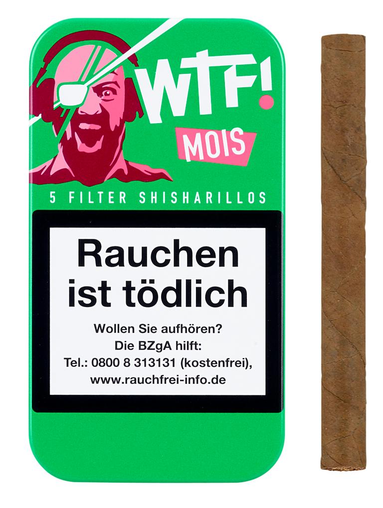 Grüne Blechdose WTF! Shisharillo Mois Wassermelone (5 Filter-Shisharillos) mit Cartoon-Design, Text und gesetzlichem Warnhinweis.