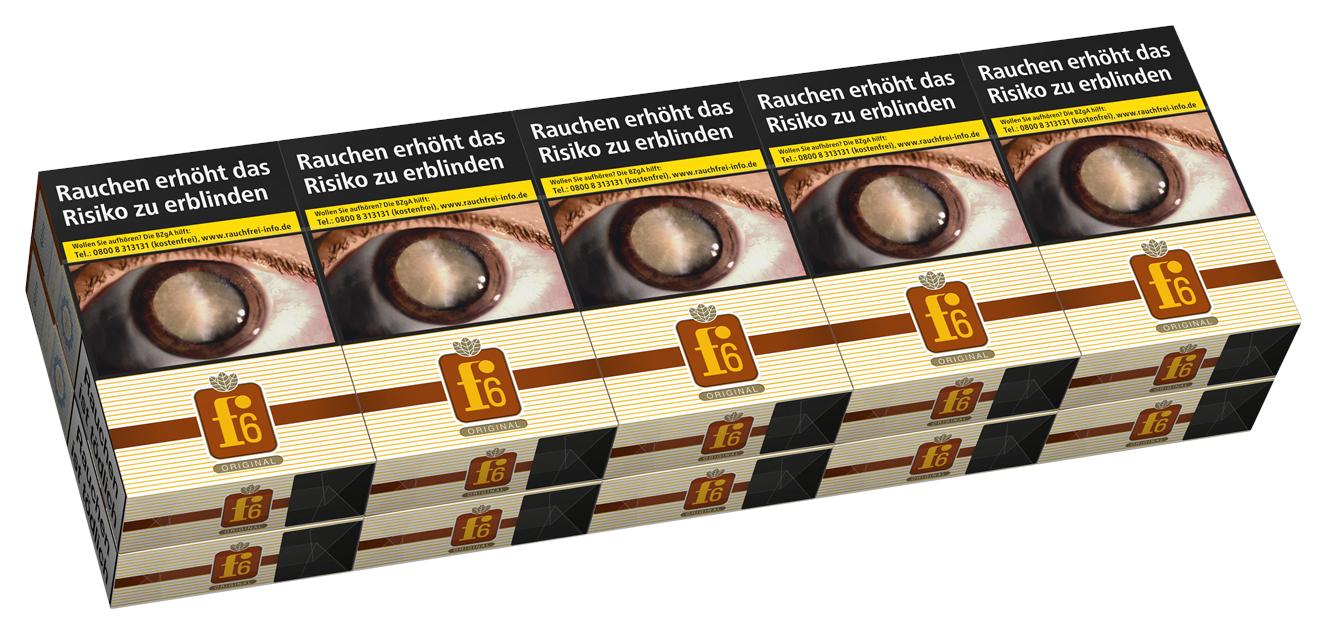 F6 Original Zigaretten 1 Stange (10 Packungen á 20 Stück) mit starkem Tabak und kurzem Filter in rechteckigen beige-braunen Schachteln.