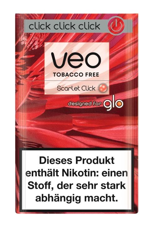 veo Scarlet Click Tabakfreie Sticks für glo, 10 Packungen mit je 20 Stück, in rot-weißer Verpackung mit Warnhinweis zur Nikotinabhängigkeit.