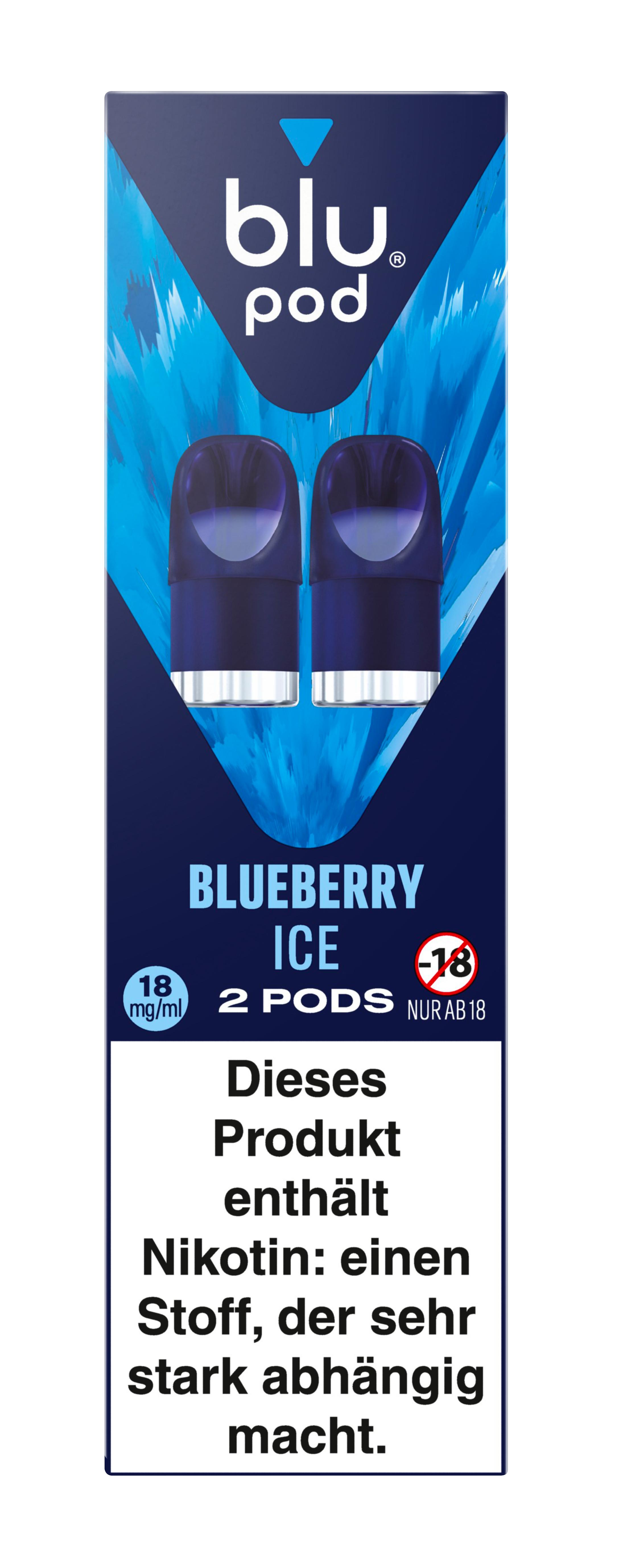 Blaue Verpackungseinheit blu Pods mit zwei Pods, 18 mg/ml Nikotingehalt und gesetzlichem Warnhinweis zur Abhängigkeit von Nikotin.