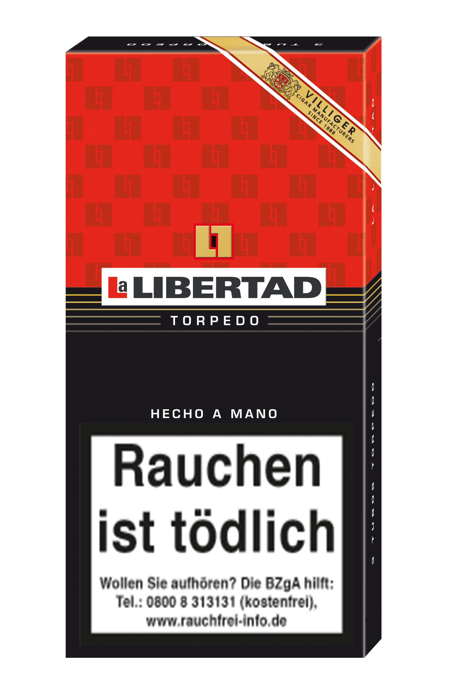 Packung La Libertad Zigarren Torpedo, schwarzes und rotes Design mit 'Hecho a mano', enthält 3 Stück.