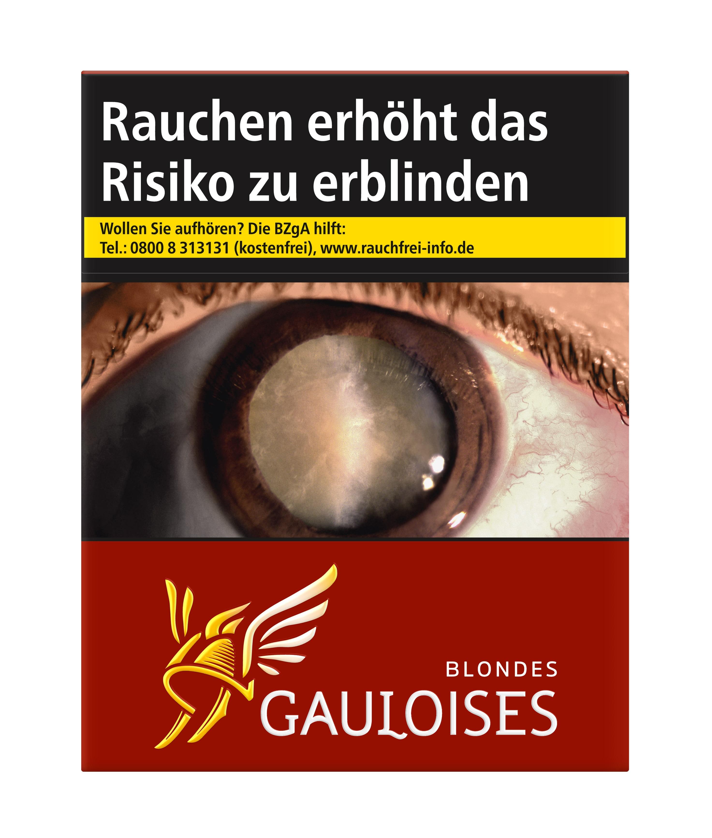 Rote Packung Gauloises Blondes Rot Zigaretten mit goldfarbenem Gauloises Logo und 35 Stück Inhalt.
