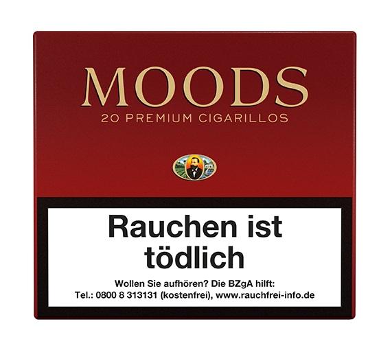 Rote Packung Dannemann Moods Zigarillos ohne Filter (20 Stück) mit goldener Schrift und Emblem, Warnhinweis, Teil einer 10er Stange.
