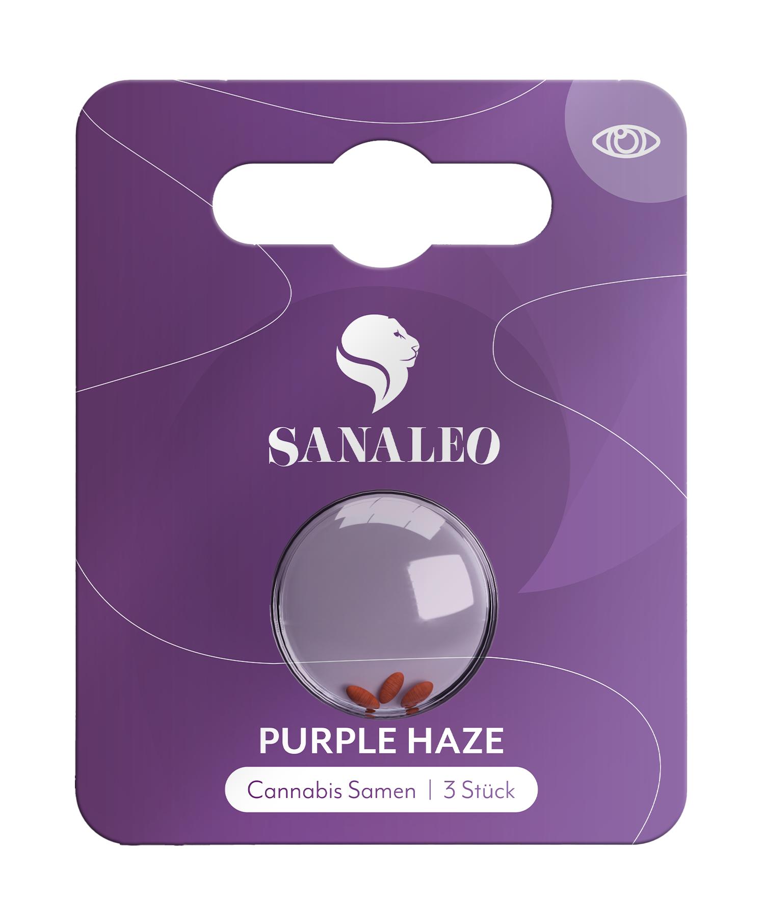 Violette Verpackung der Purple Haze THC Cannabis Samen von Sanaleo als Set mit 3 Stück, inklusive eines runden Sichtfensters auf die Samen.