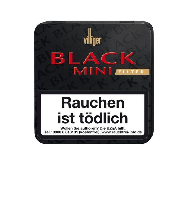 Schwarzer, rechteckiger Villiger Zigarillos Mini Black Sumatra Filter mit roter und goldener Aufschrift, inklusive Villiger Logo und dem Warnhinweis 'Rauchen ist tödlich'. Verpackungseinheit: Stange mit 5 Packungen à 20 Stück.