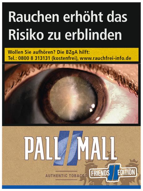 Pall Mall Authentic Blue Zigaretten in der Giga Pack Stange mit 8 Packungen zu je 26 Stück, inklusive gesetzlicher Warnhinweise.