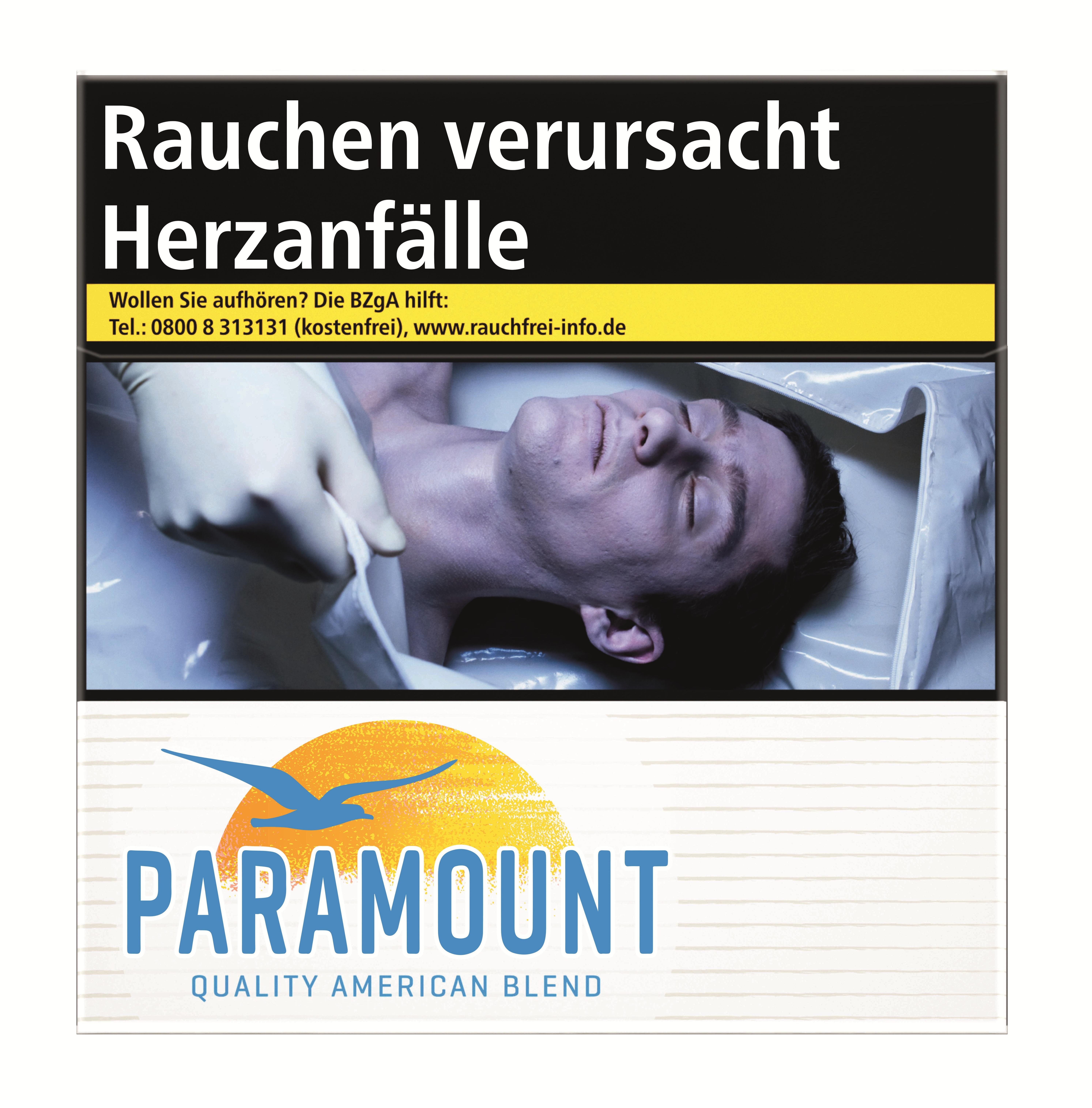 Paramount Blue Zigaretten 1 Stange, schwarze Packung mit gelbem Band.