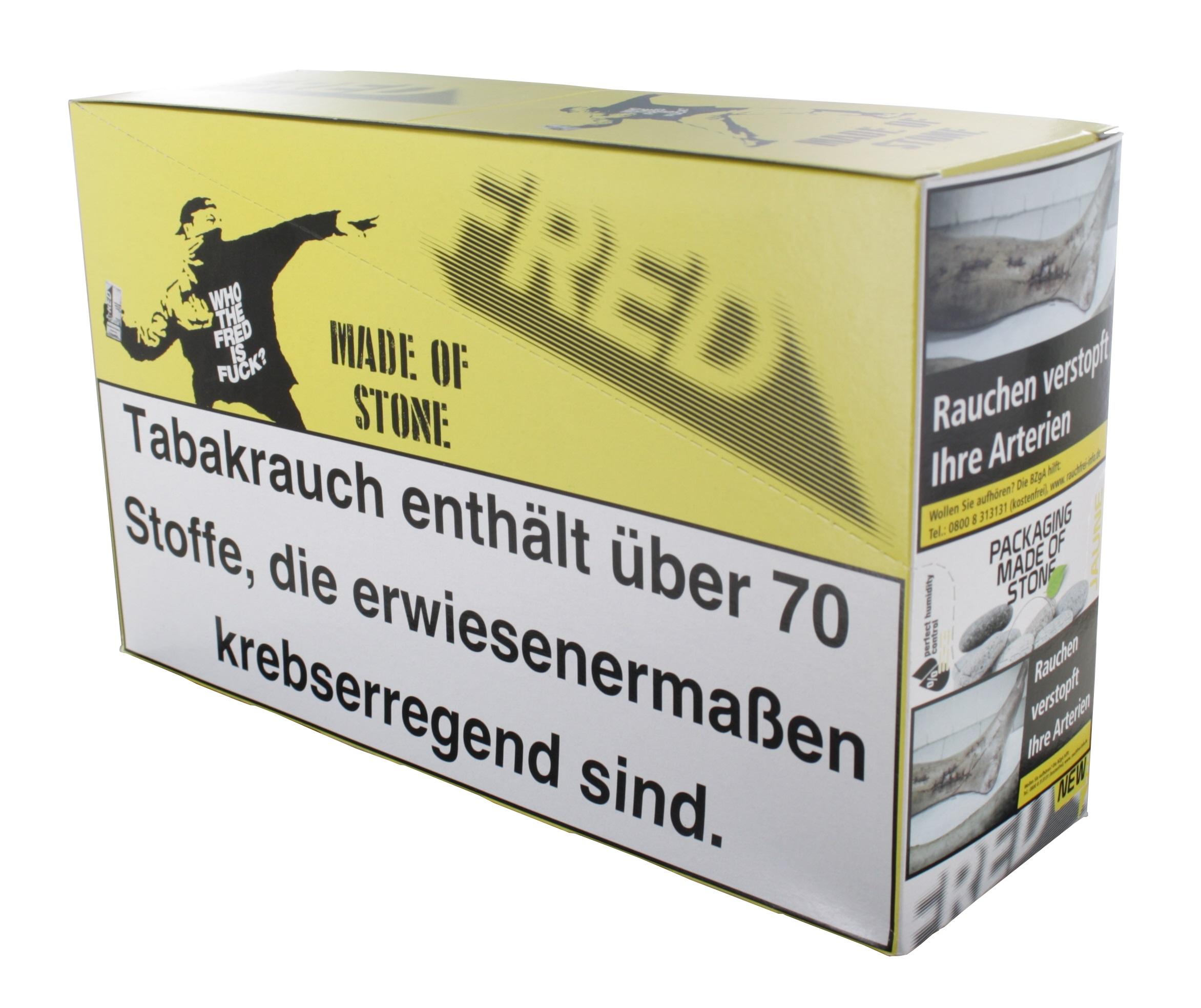 Eine gelbe Packung Fred Zigarettentabak Original Blend Gelb 1 Gebinde mit 5 Pouches à 30 Gramm.