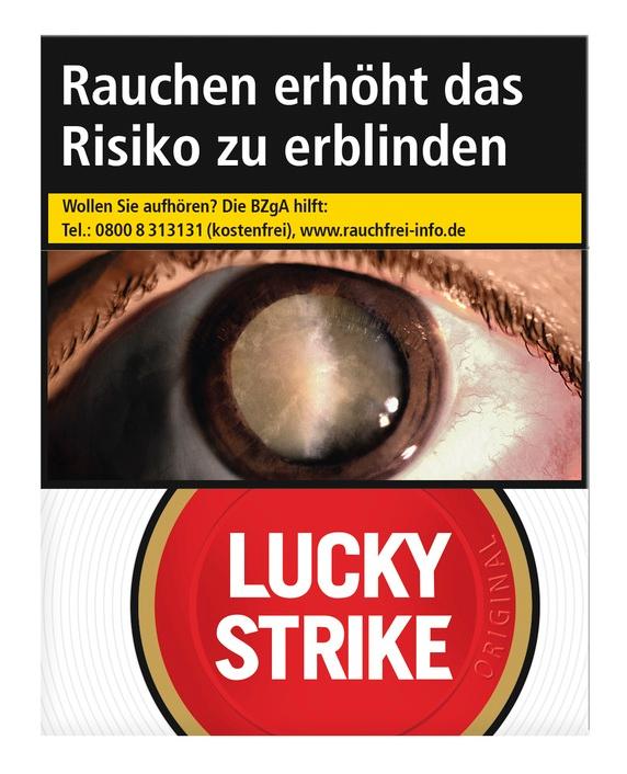 Lucky Strike Original Red King Zigaretten Packung mit 36 Stück, rotes Design mit schwarzem Oberteil und Gesundheitshinweis.