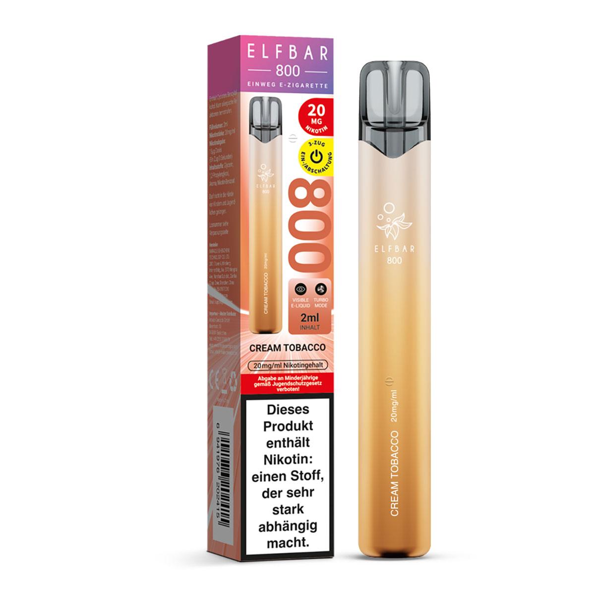Goldfarbene Elfbar 800 E-Zigarette mit schwarzem Mundstück und dazugehöriger Verpackung, 20 mg/ml Nikotingehalt, 1 Stück.