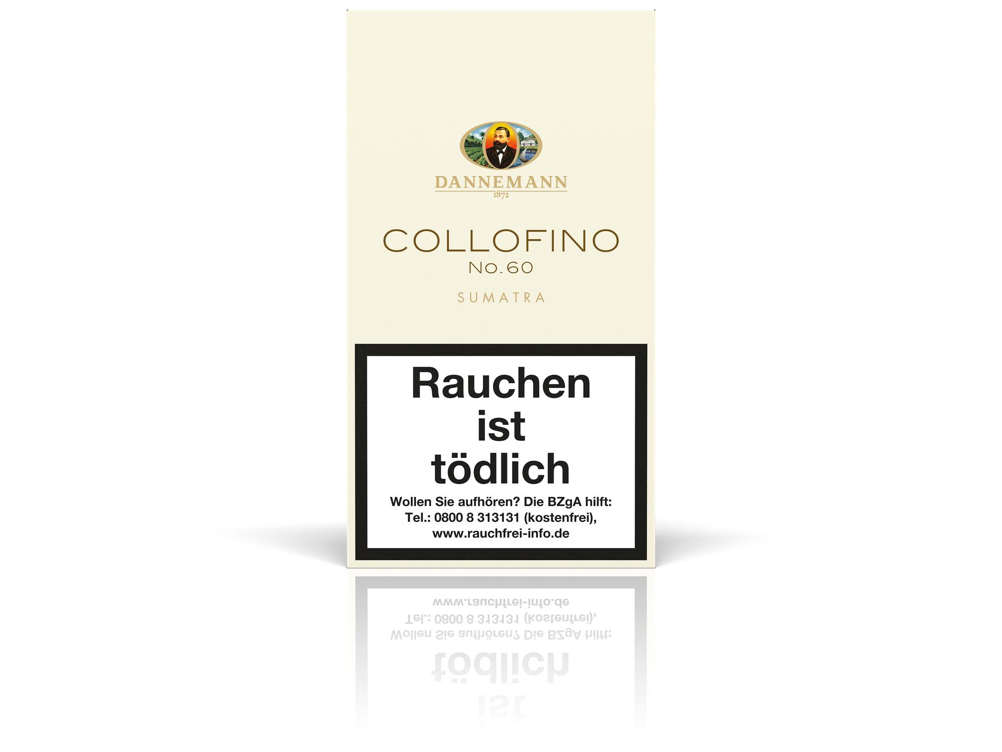Stange Dannemann Colofino No. 60 Sumatra Zigarren, bestehend aus 5 Packungen à 5 Stück, in rechteckiger weißer Verpackung mit schwarzer Beschriftung, Dannemann Logo und Warnhinweisen zum Rauchen.