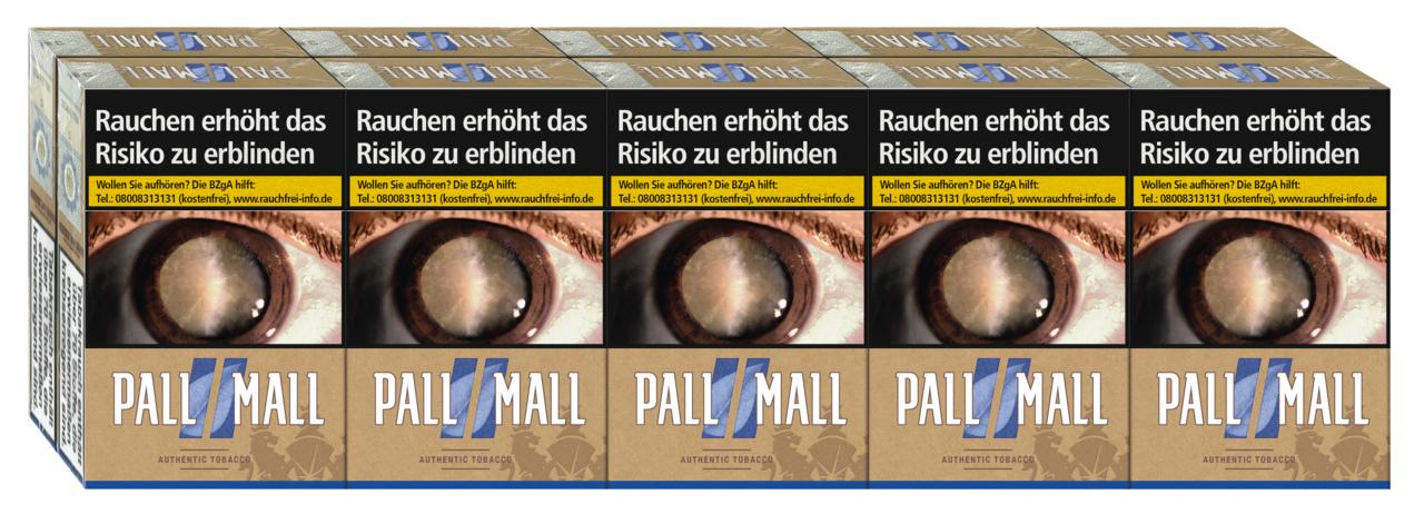 Pall Mall Authentic Blue Zigarettenstange mit blauer Verpackung, Augenmotiv und 'Authentic Tobacco' Schriftzug, 10 Packungen à 20 Stück.