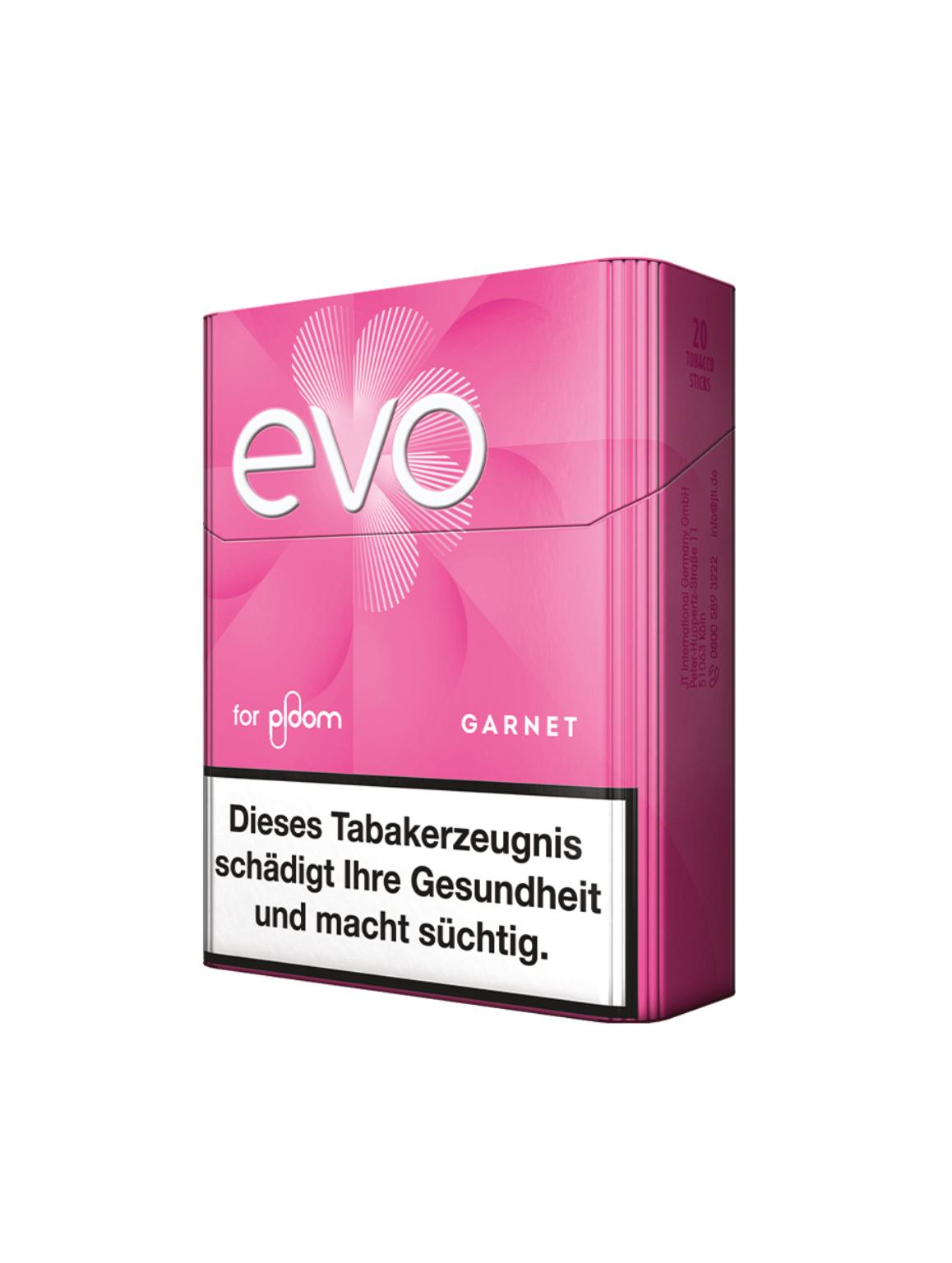 Rosa farbene EVO Tobacco Sticks Garnet Packung mit 20 Stück, inklusive der CleanSeal-Versiegelung am unteren Ende des Sticks.