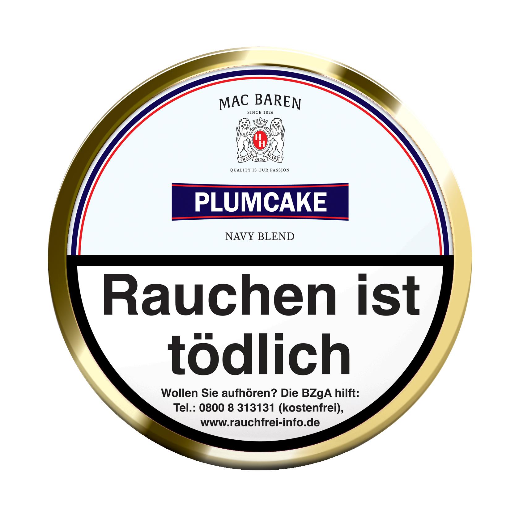 Mac Baren Plumcake Navy Blend Pfeifentabak in der 100 Gramm Dose mit weißem Etikett, goldenem Rand und den vorgeschriebenen Sicherheitshinweisen.