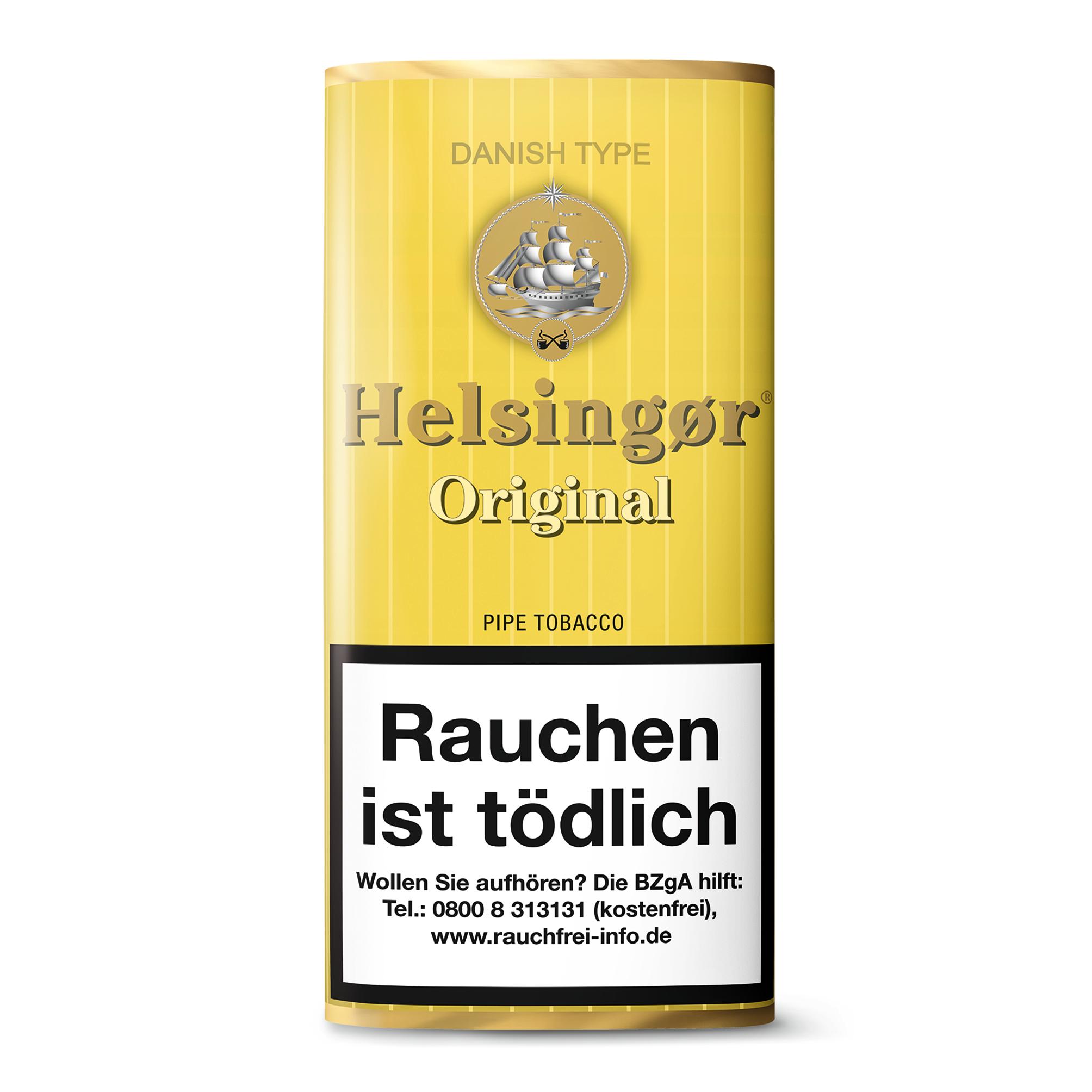 Gelbe zylindrische Dose Helsingor Original Danish Mixture Pfeifentabak mit 50 Gramm Inhalt inklusive gesetzlichem Warnhinweis.