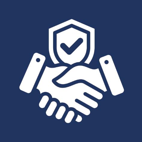 Ein weißes Icon von zwei sich schüttelnden Händen vor blauem Hintergrund.