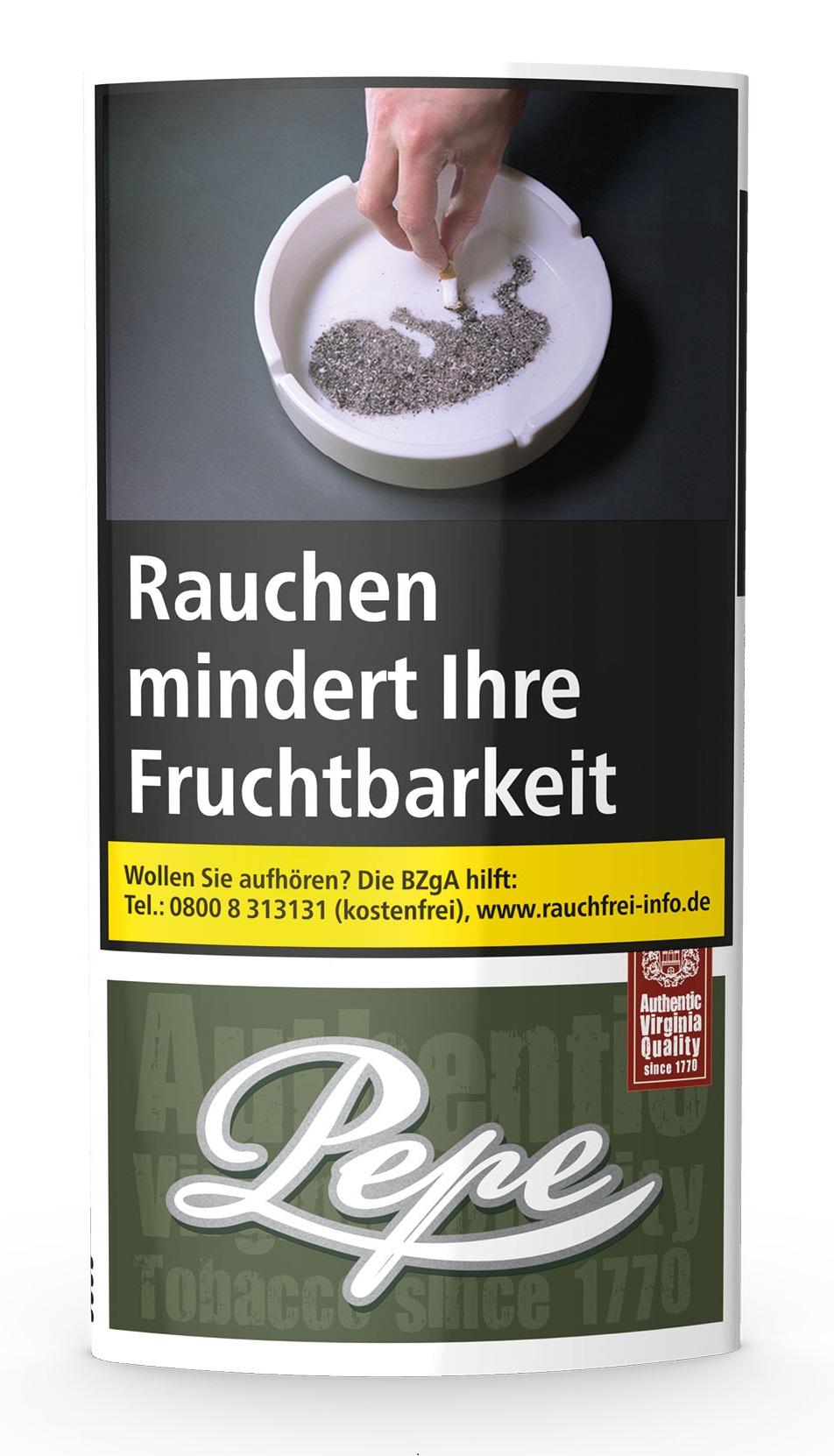 Pepe Dark Green Feinschnitttabak, 5 Pouches zu je 30 Gramm, hergestellt von der Joh. Wilh. von Eicken GmbH aus Virginia-Tabaken ohne Zusatzstoffe.