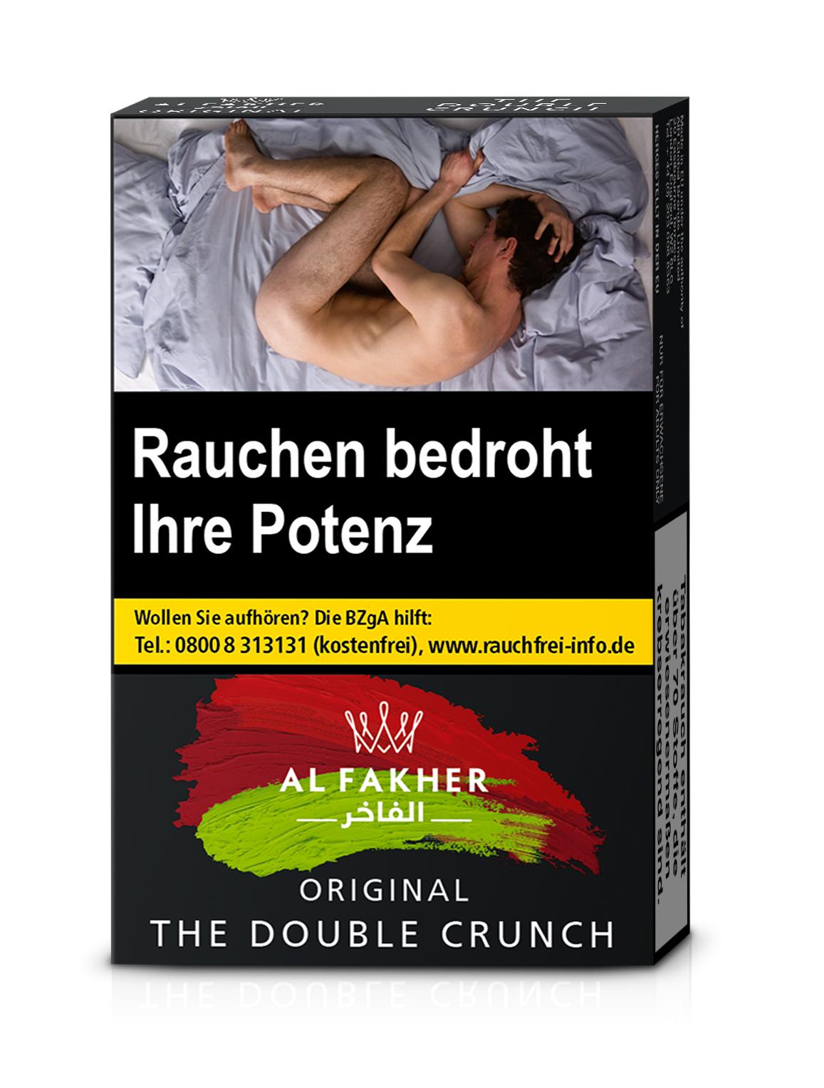 Al Fakher The Double Crunch Shisha-Tabak in der 25 Gramm Packung mit dunklem Design, weißer Typografie und integriertem Hinweis zu gesundheitlichen Risiken.