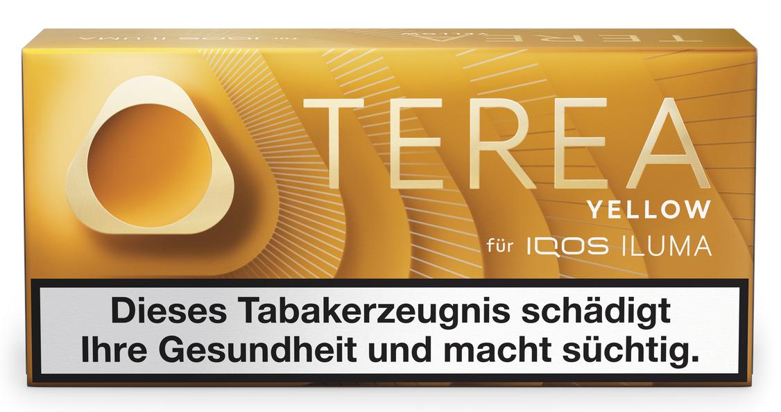TEREA Yellow Tabaksticks für IQOS ILUMA in goldener Packung, Stange mit 10 Packungen zu je 20 Stück inklusive gesetzlicher Warnhinweise.