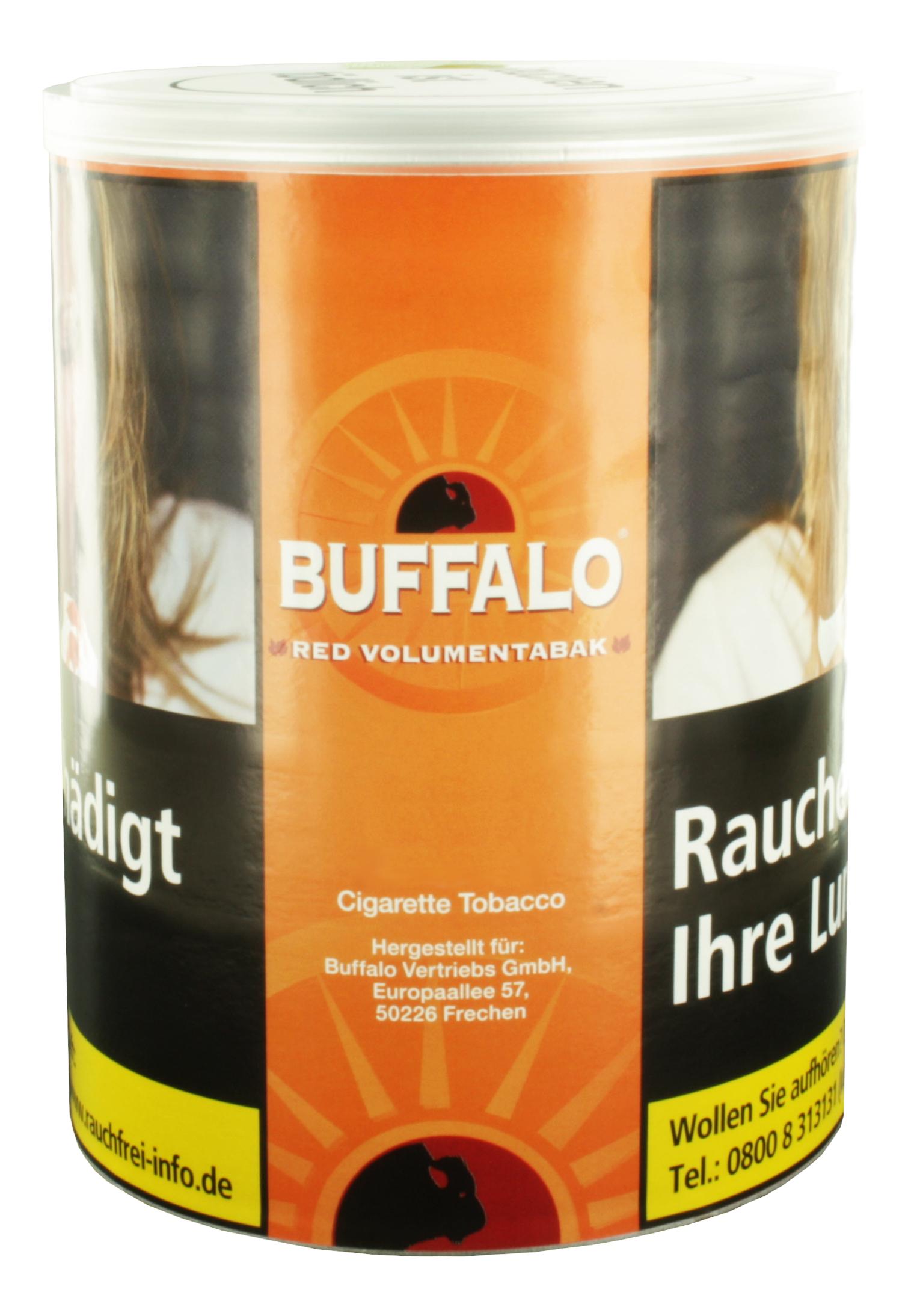 Buffalo Red Volumentabak in der 75-Gramm-Dose mit dem typischen Büffelkopf-Logo auf orangefarbenem Hintergrund und weißem Deckel.