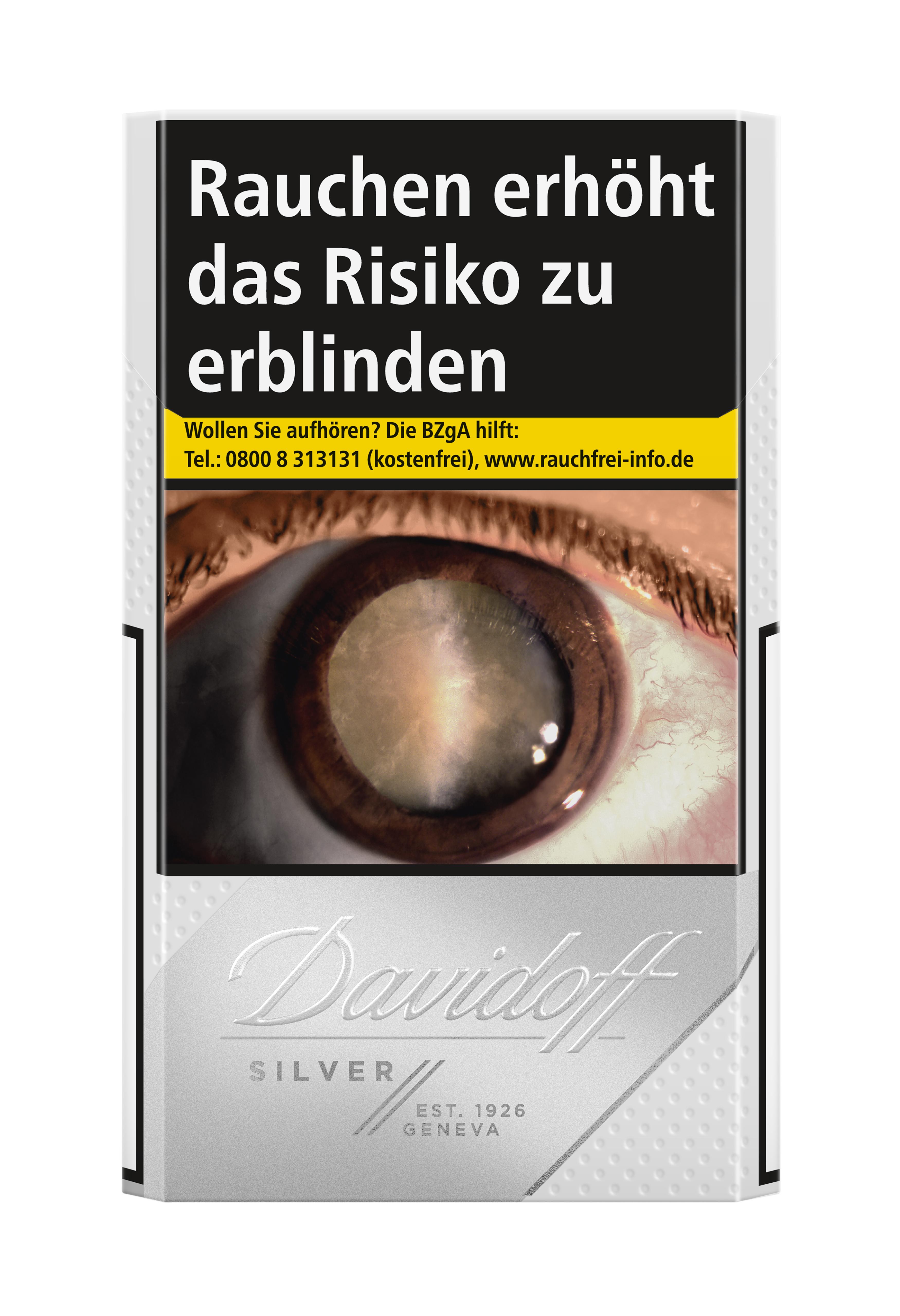 Silberne Packung Davidoff Silver Zigaretten (1 Packung) mit schwarzem Label, American Blend für milden Geschmack.