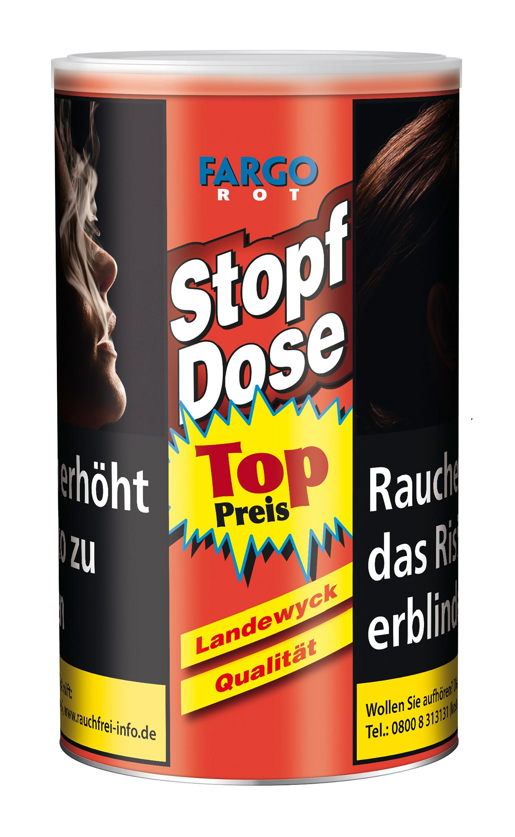 Rote, weiße und gelbe Fargo Rot Stopf Dose mit blauem Markennamen und Warnhinweisen zum Rauchen, inklusive "Top Preis" Aufkleber und Kontaktdaten für Rauchfrei-Informationen.