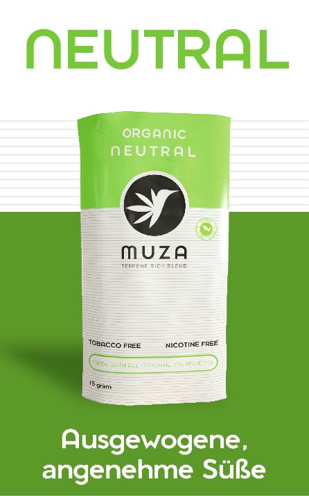 Grün-weiße 20-Gramm-Verpackung des terpenreichen Tabakersatzes Neutral von Muza, bestehend aus Eibischblättern, Kräuterextrakten und natürlichen Terpenen.