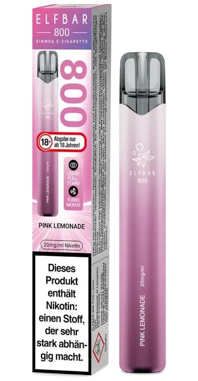 Eine Packung der pink-lila ELF Bar 800 E-Zigarette mit 20mg Nikotin, 800 Zügen und sichtbarer Liquidstandanzeige.