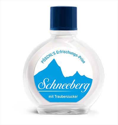 Kleine Glasflasche Schneeberg tabakfreies Schnupfpulver von Pöschl mit blau-weißem Etikett, Teil einer Stange mit 10 Packungen á 10 Gramm.