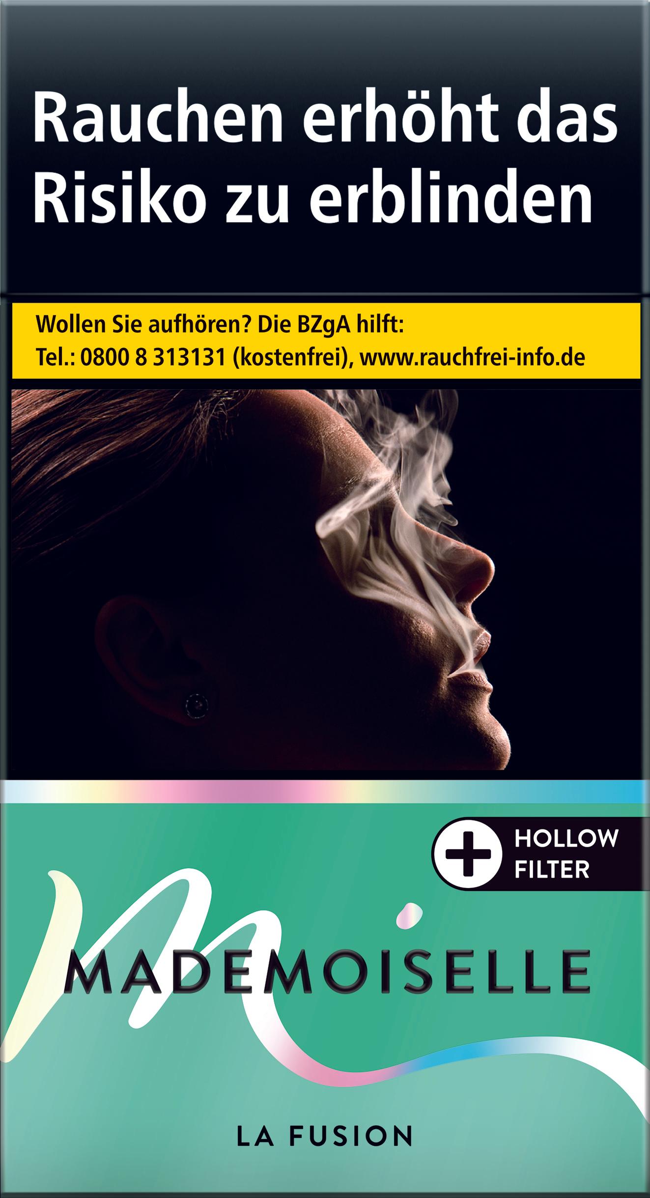 Eine Packung Mademoiselle La Fusion Zigaretten (20 Stück) im Super Slim Format, türkisfarben mit weißem Logo, Frauengesicht und Hohlfilter.