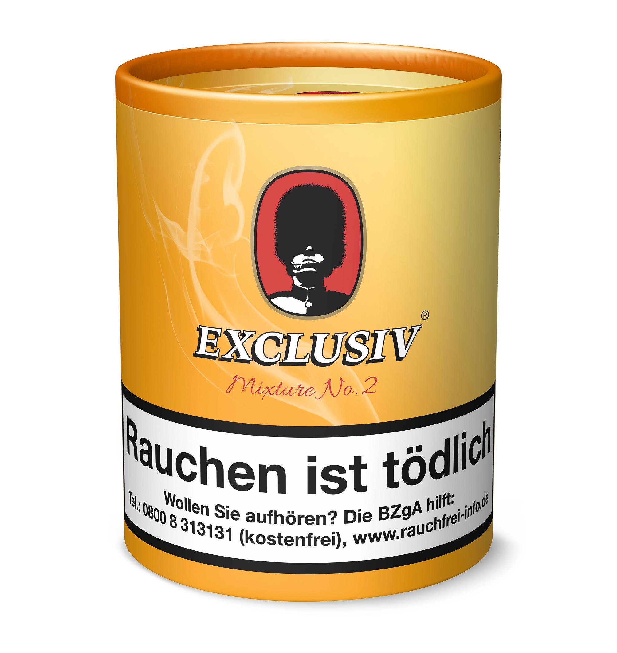 Exclusiv Pfeifentabak Mixture No. 2 (Wild Mango) 1 Dose 200 Gramm Exclusiv Pfeifentabak Mixture No. 2 in einer gelben, zylindrischen Dose (200 Gramm) mit roten und schwarzen Akzenten und Warnhinweis.