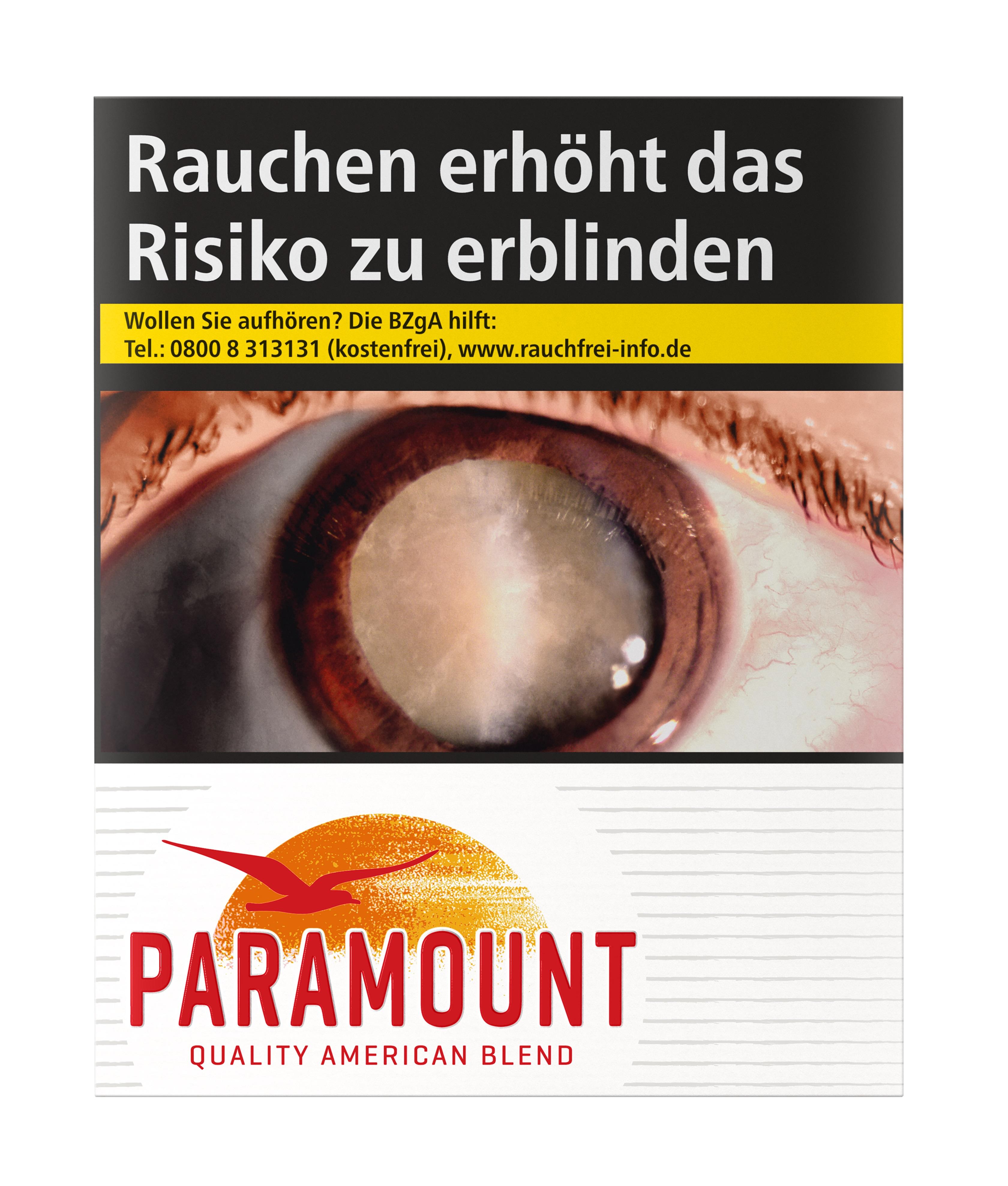 Packung Paramount Red Zigaretten mit 30 Stück, zeigt das Paramount Logo (roter Vogel, gelbe Sonne) auf weißer und schwarzer Fläche.