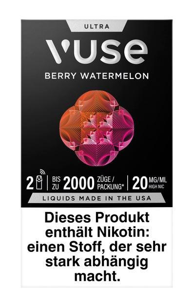 Vuse Ultra E-Zigaretten-Pods mit 20mg Nikotin in schwarzer Packung mit abstraktem, pink-orangem Design. Eine Packung beinhaltet 2 Stück.