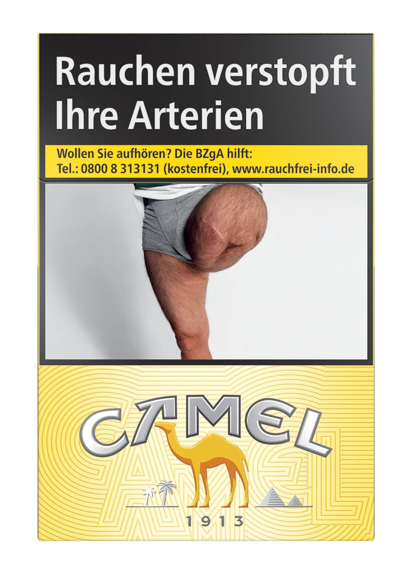 Camel Yellow L Zigaretten Packung im charakteristischen Gelb-Schwarz Design mit Camel Logo, enthält 20 Stück.