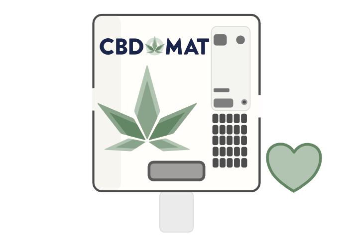 Icon von einem CBD Automaten mit einem grünen Hanfblatt und einem grünen Herzen daneben