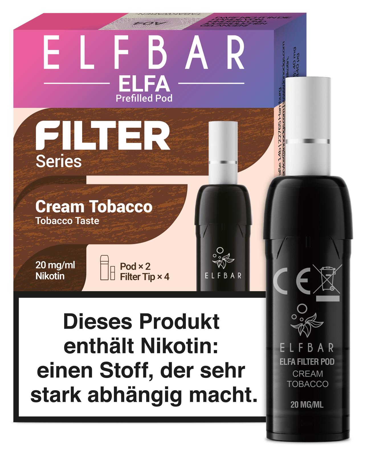 Elfa Filter Pods von Elfbar in der 2er-Packung, inklusive zwei vorgefüllter Pods mit jeweils 20 mg/ml Nikotingehalt und integrierten Filtern.