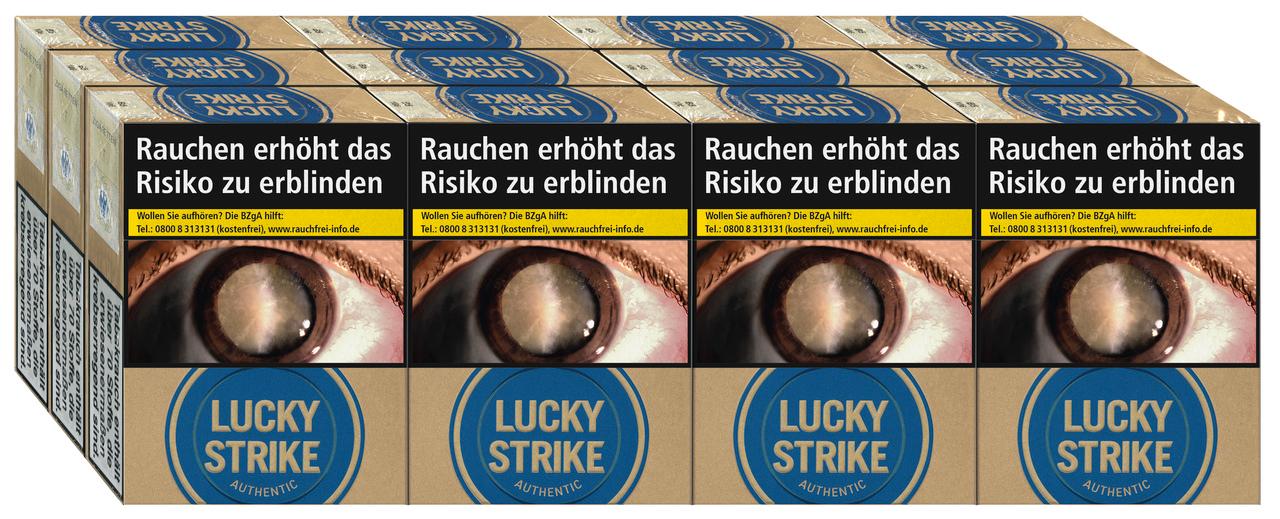 Lucky Strike Zigaretten Authentic Blue Giga 1 Stange (12 Packungen) im braunen Pack mit blauer Beschriftung und Warnhinweis.