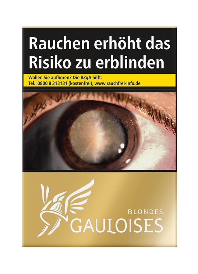 Gauloises Blondes Gold Zigaretten in der goldenen Packung, eine Stange. Das schwarz-weiße Label zeigt ein Auge, den Markennamen Gauloises mit stilisiertem geflügeltem Helm und den Warnhinweis "Rauchen erhöht das Risiko zu erblinden".