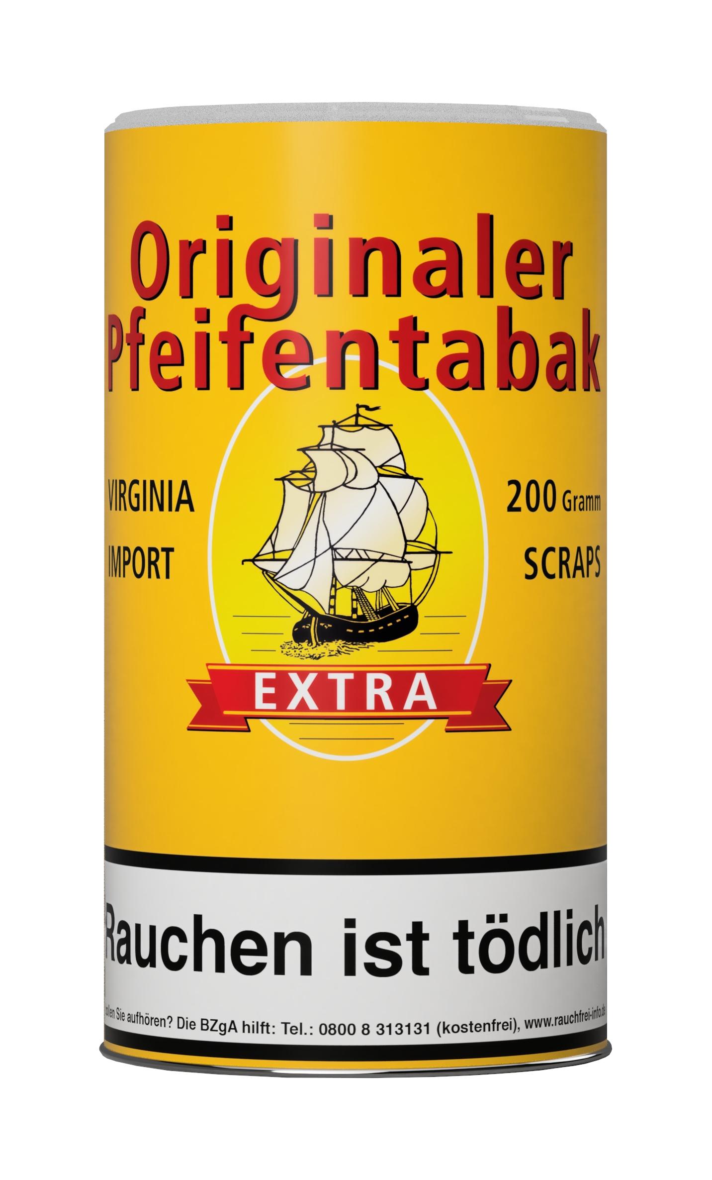 Gelbe zylindrische Dose Originaler Pfeifentabak mit 200 Gramm Inhalt, weißem Logo mit Schiffsillustration und obligatorischem Warnhinweis auf der Vorderseite.