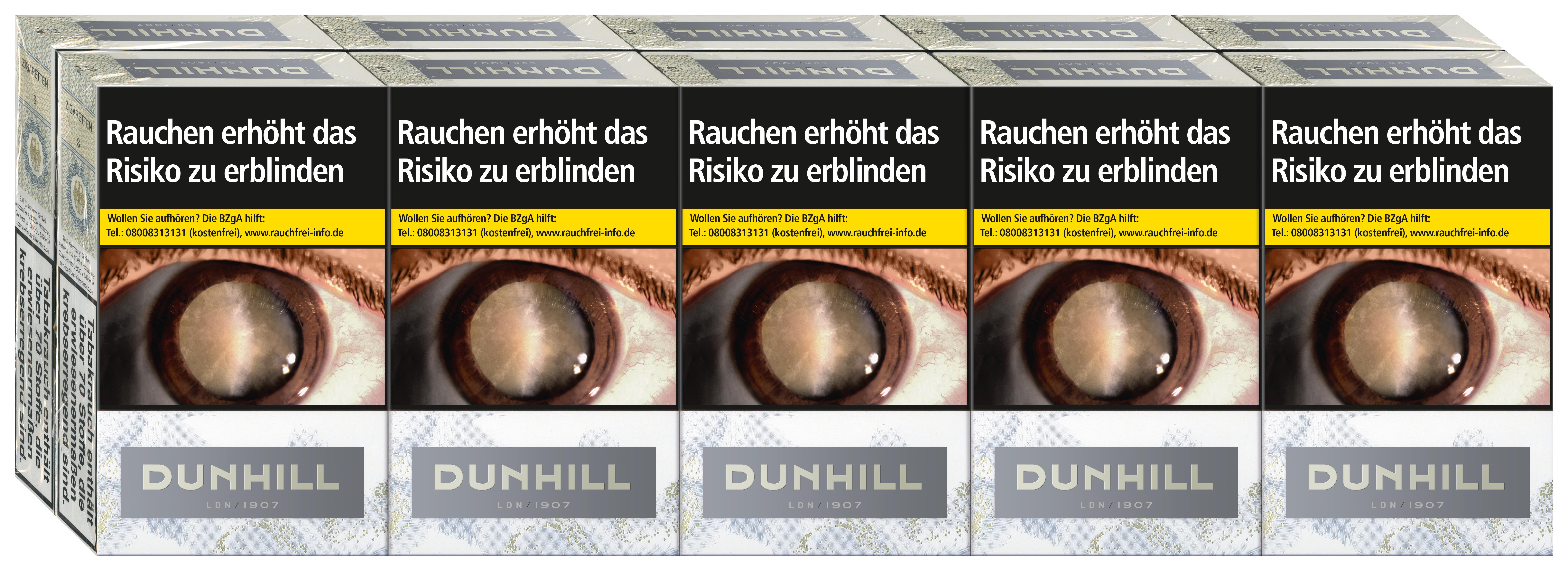 Dunhill White Filterzigaretten von Dunhill, 20er-Packung im Reloc Pack mit schwarz-weißem Design und markantem Augen-Motiv sowie englisch-deutscher Produktbeschreibung.