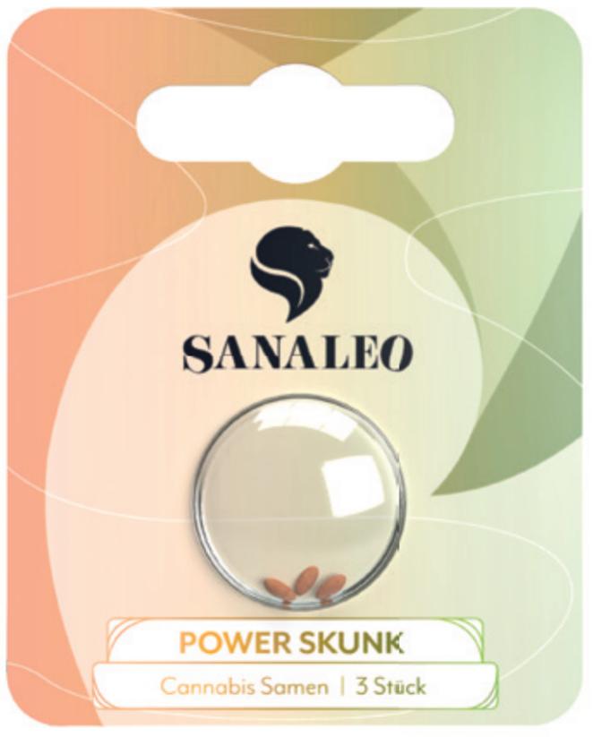 Verpackungseinheit mit 3 Stück der feminisierten Autoflower-Cannabissamen Power Skunk von Sanaleo, präsentiert in einem runden Klarsichtbehälter.