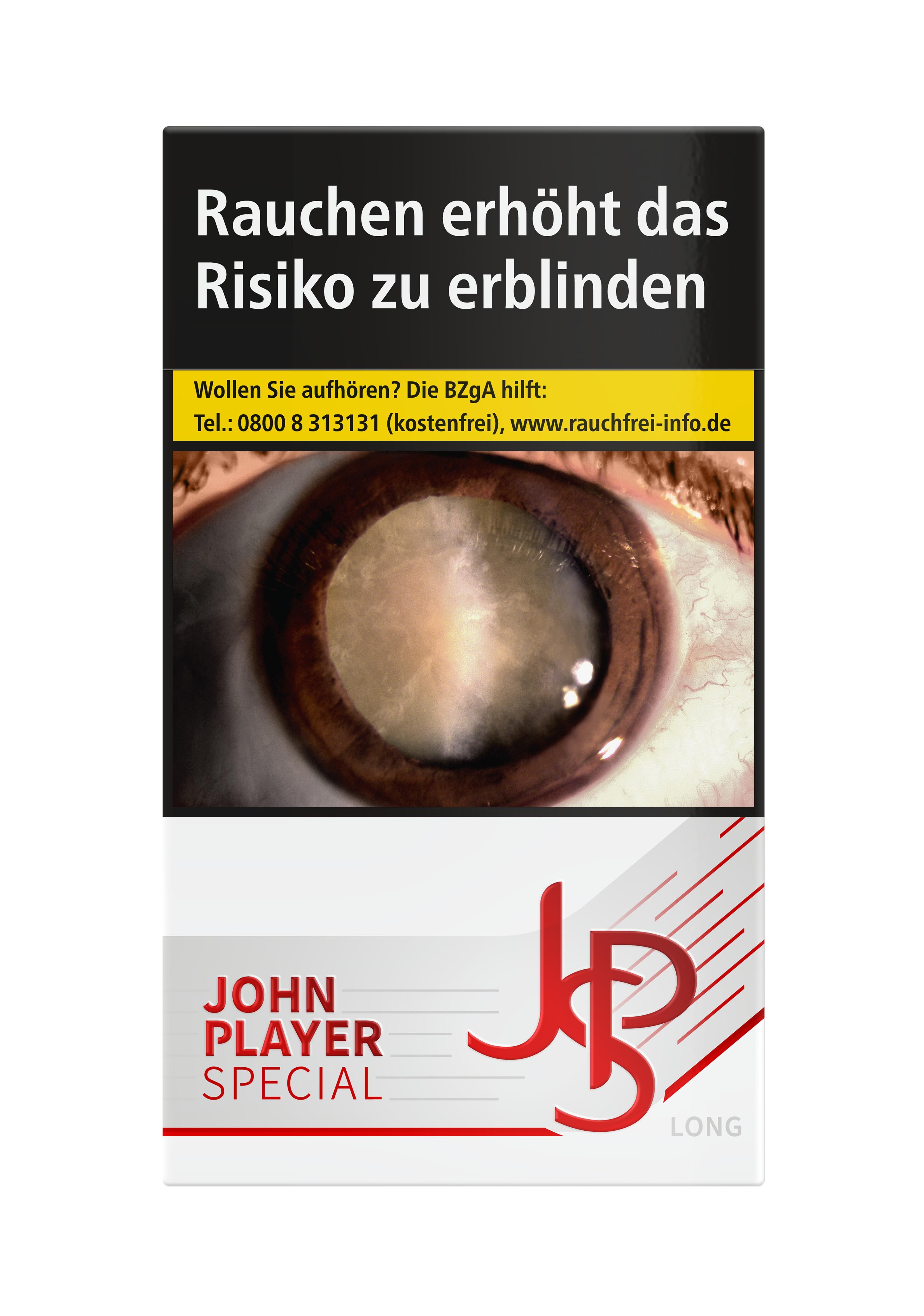 Weiße Packung John Player Special Red Long Filterzigaretten mit rotem JPS Logo enthält 20 Stück.