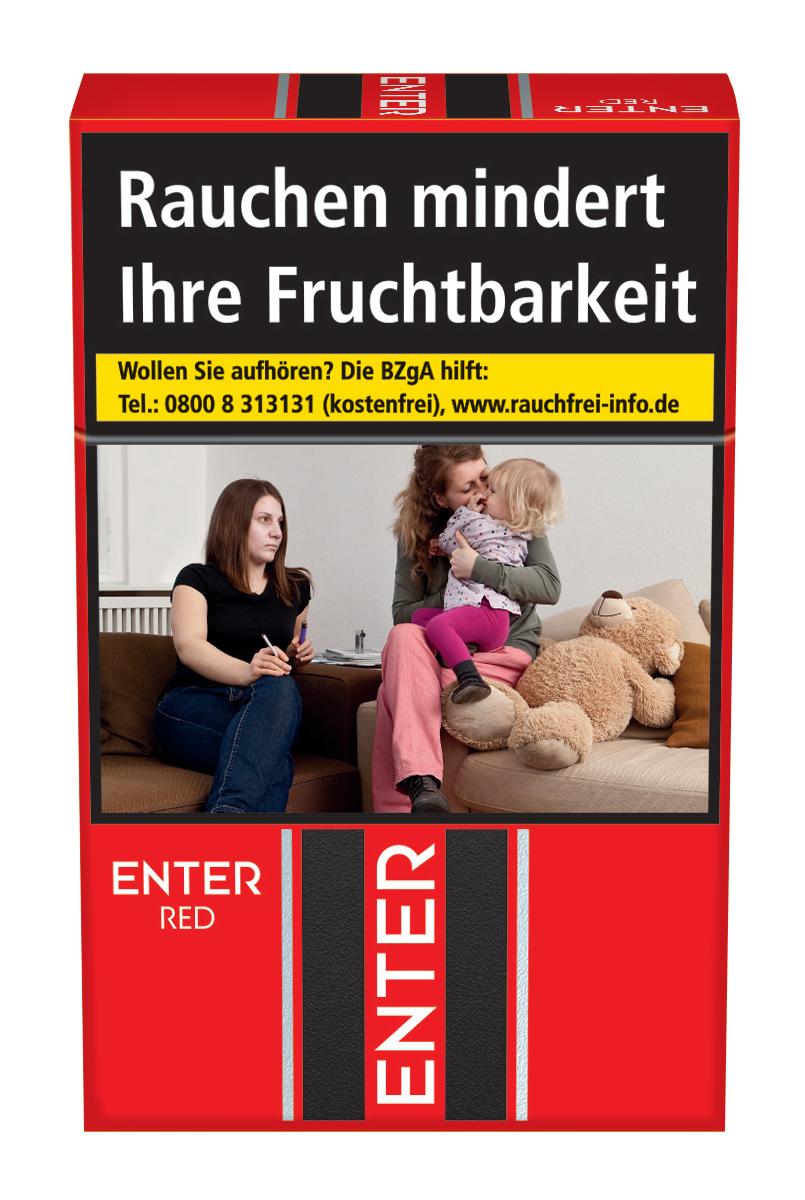 Enter Dark Red Filterzigaretten, eine Packung mit 20 Stück, mit Warnhinweis zur Fruchtbarkeit und der Telefonnummer der BZgA zur Raucherentwöhnung.
