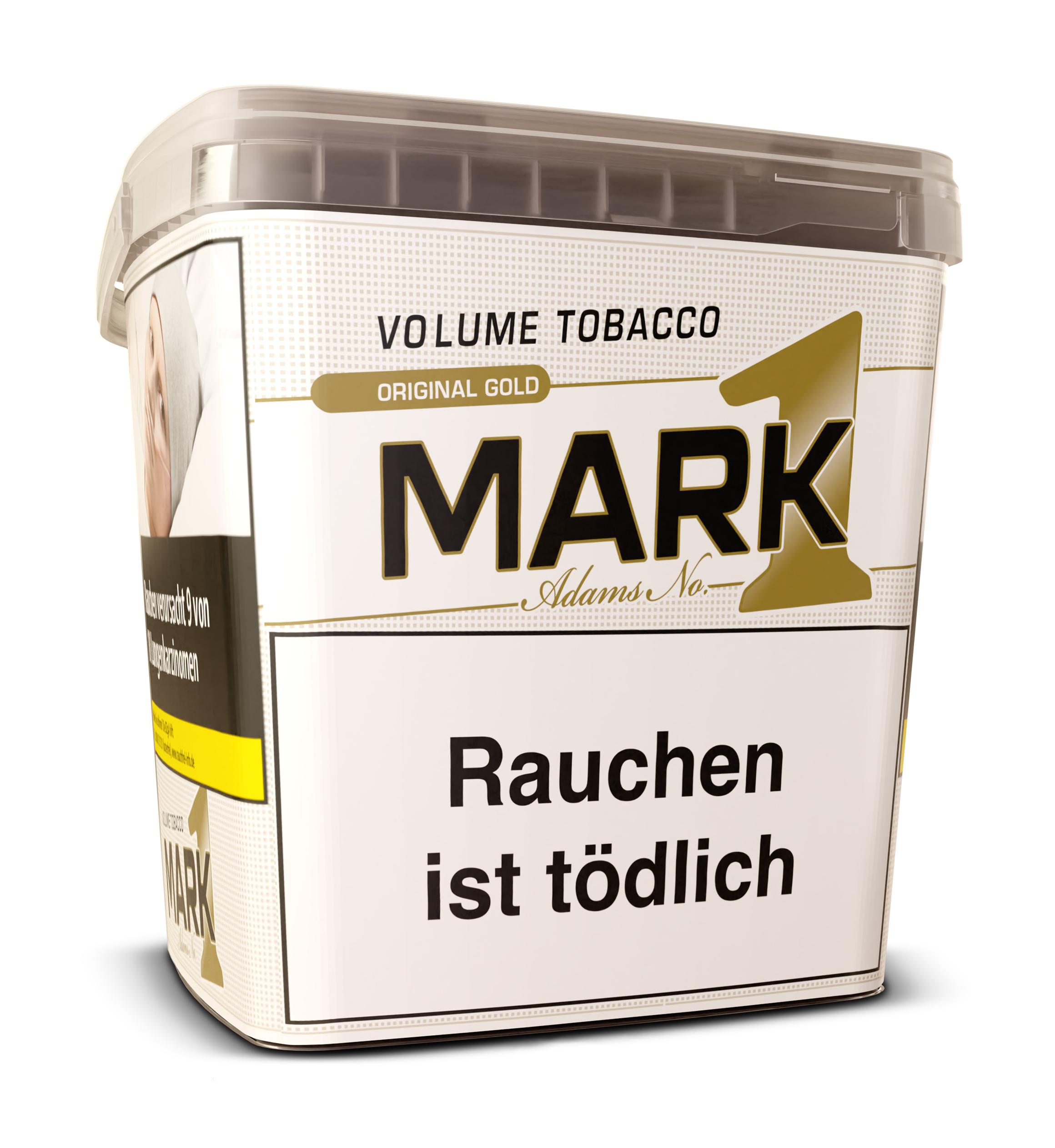 Mark 1 Gold Volumentabak in einem weißen rechteckigen Eimer mit 400 Gramm Inhalt und aufgedrucktem Warnhinweis.