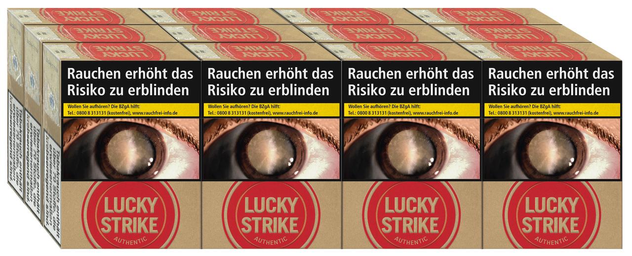 Stange Lucky Strike Authentic Red Giga Zigaretten mit rotem Logo, 12 Packungen á 23 Stück.