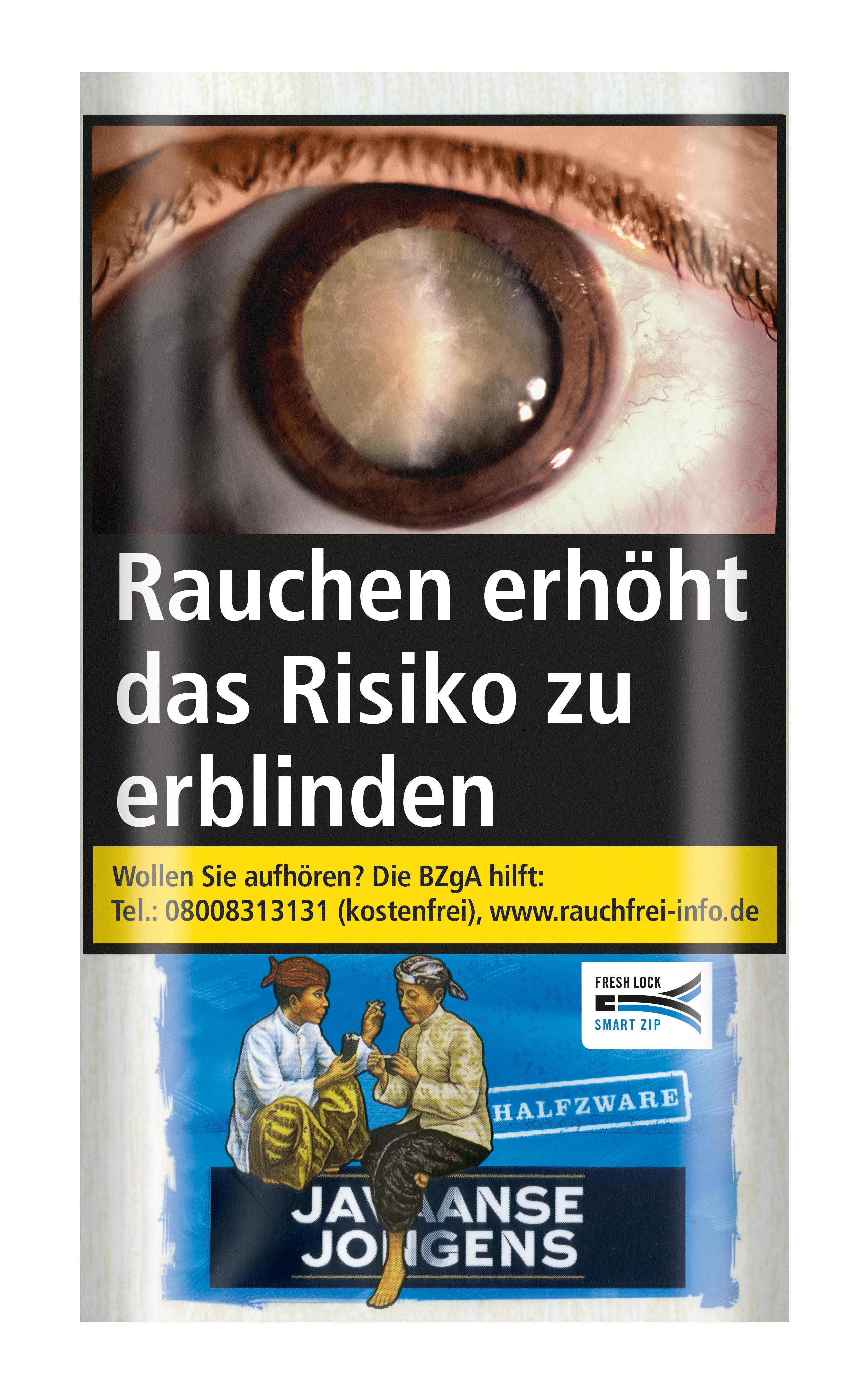 Packung Javaanse Jongens Halfzware Zigarettentabak von British American Tobacco, bestehend aus 6 Pouches á 30 Gramm, mit weiß-blau-gelber Verpackung, Warnhinweis "Rauchen erhöht das Risiko zu erblinden" und Fresh Lock Smart Zip Verschluss.