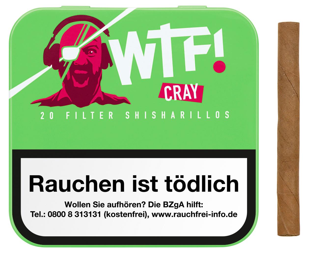 Grüne Dose WTF! Shisharillos der Sorte "Cray" mit Apfel-Geschmack und dem auffälligen Motiv eines Mannes mit Kopfhörern und Augenklappe. Verpackungseinheit: Stange mit 5 Packungen á 20 Stück.